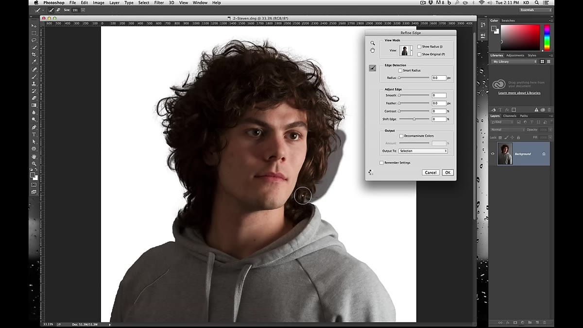 Hair edge refined with visible strand detail against background
