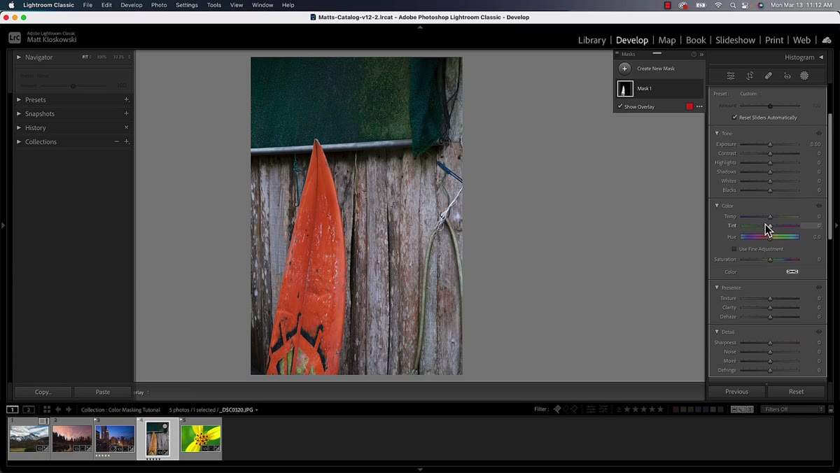 Adjusting exposure, contrast, and saturation sliders on the masked color