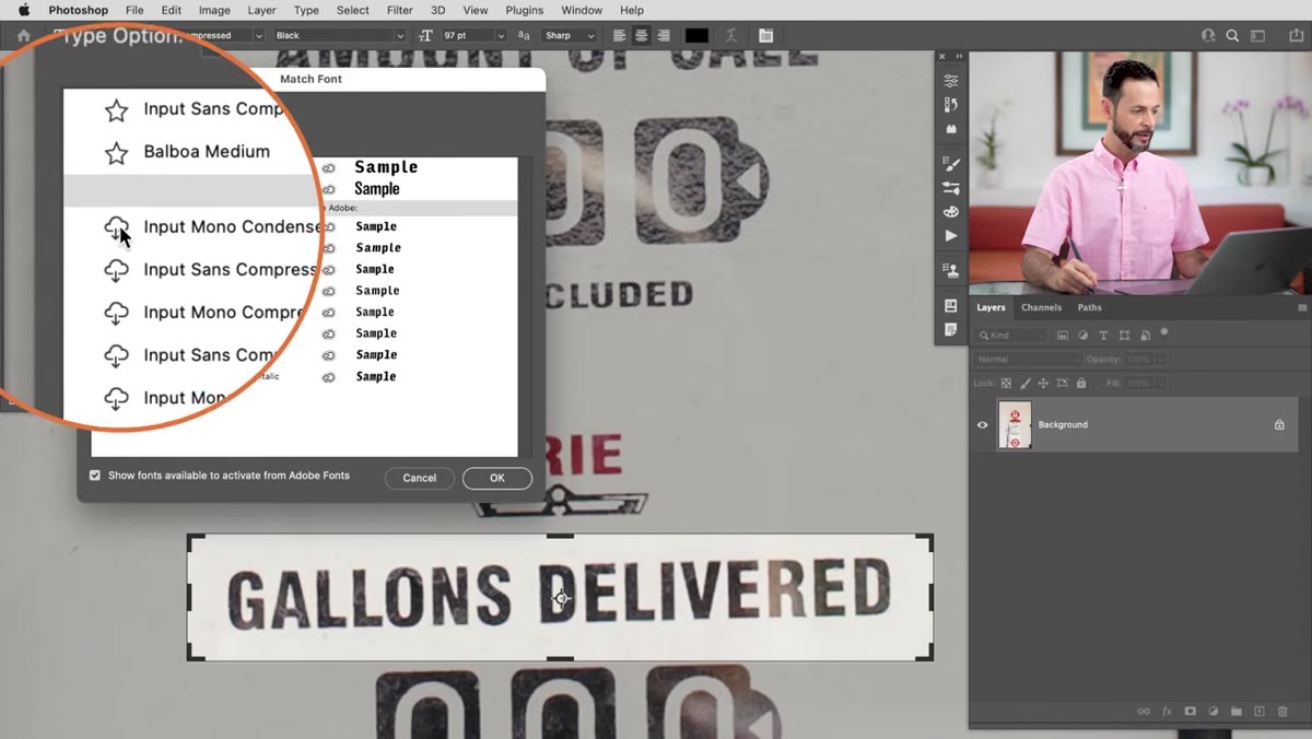 Cloud download icon being clicked next to a font in the Match Font results panel