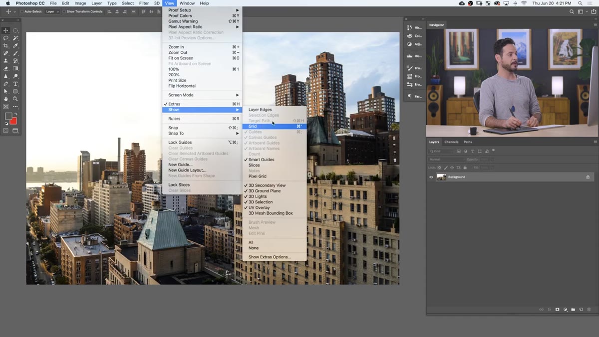 Default grid overlaid on architectural photo in Photoshop