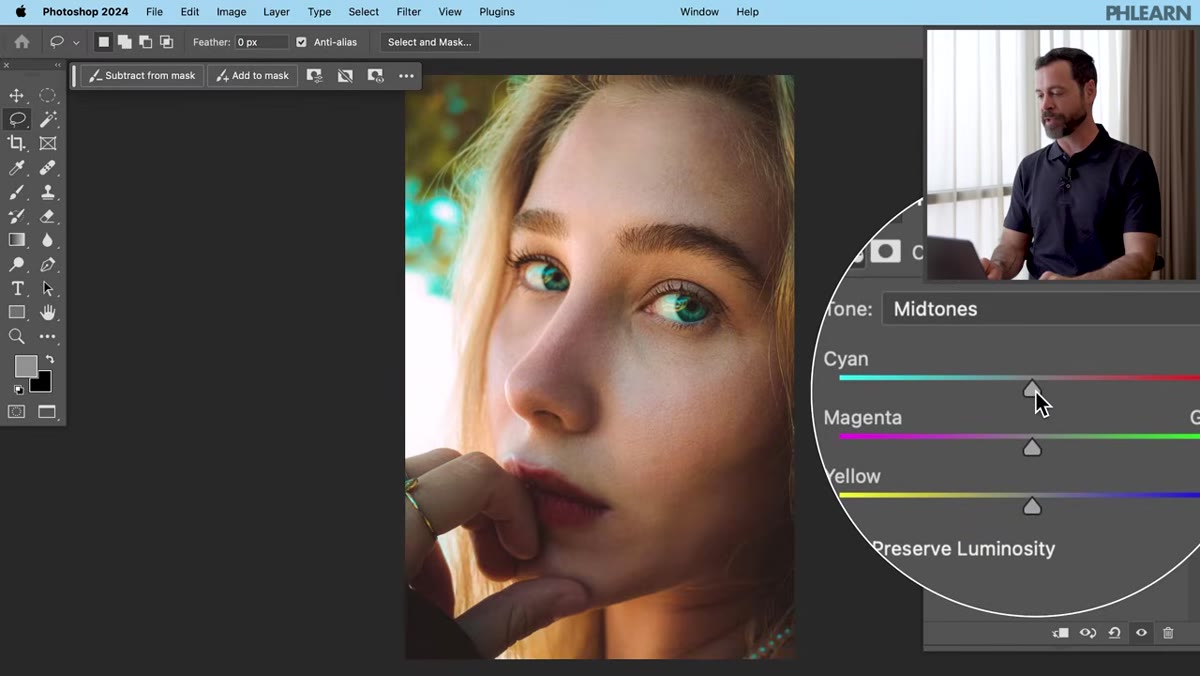 Midtones selected in Color Balance dropdown