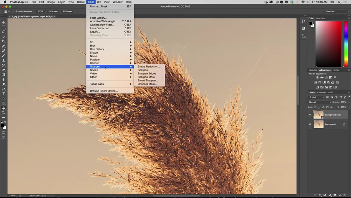 Navigating Filter menu to Sharpen, Unsharp Mask
