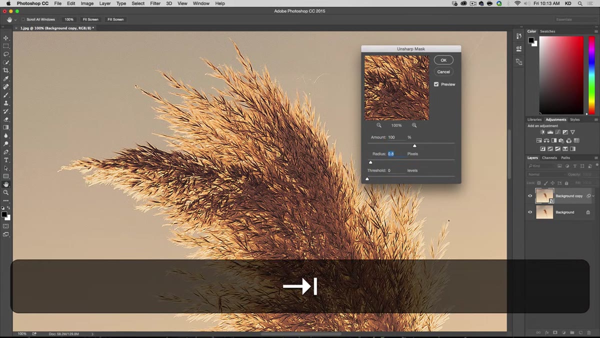 Unsharp Mask dialog box with Amount and Radius sliders visible