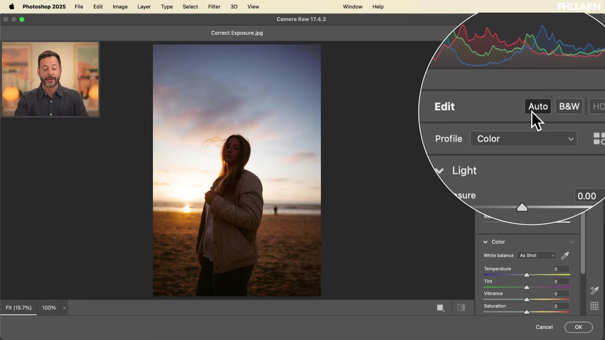 Auto button selected, sliders adjusting automatically in Camera Raw