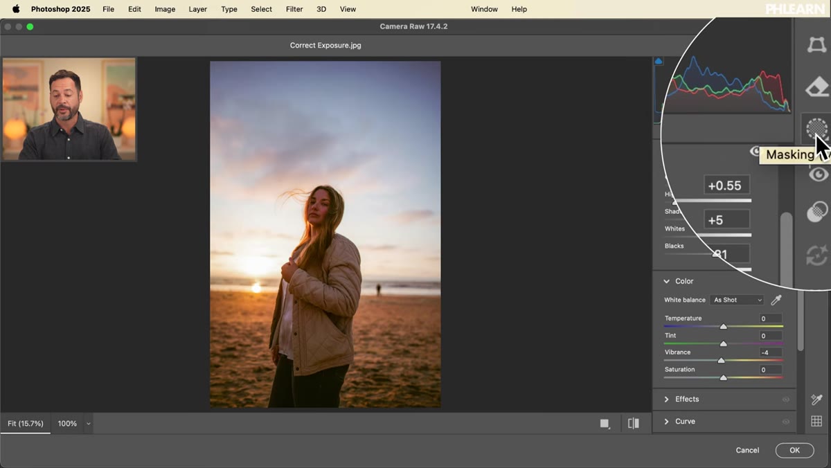 Masking panel open, People detection running in Camera Raw