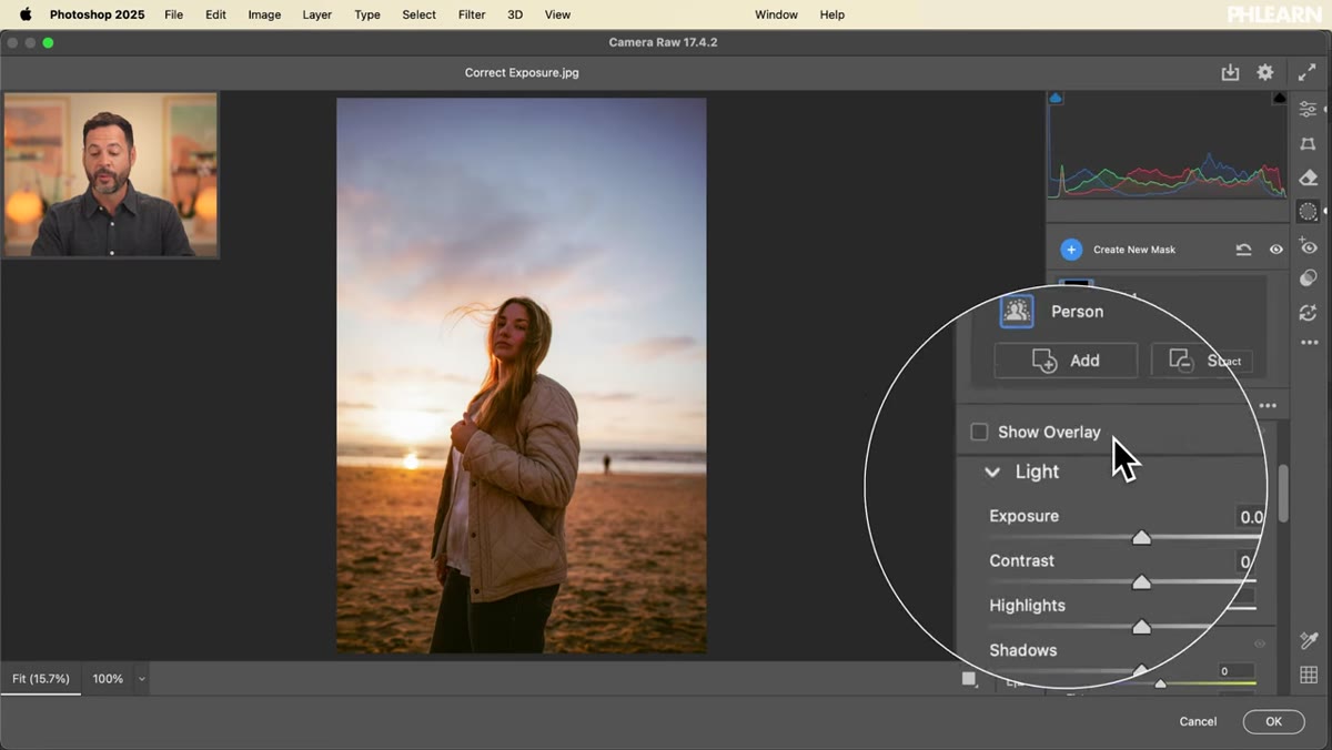 Exposure and shadow sliders being adjusted with person mask active
