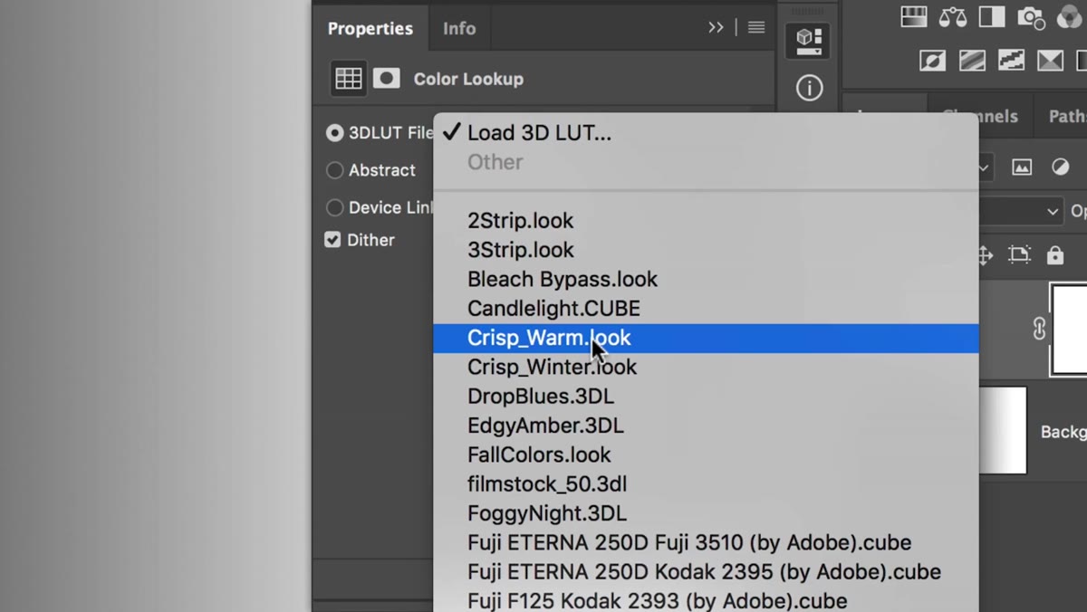 Color Lookup properties panel showing 3DLUT File dropdown menu