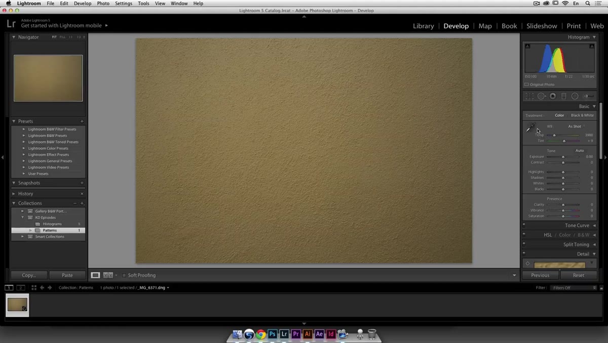 Lightroom Develop module open with wall texture photo