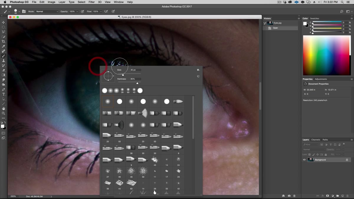 Brush tool settings panel showing size and hardness values