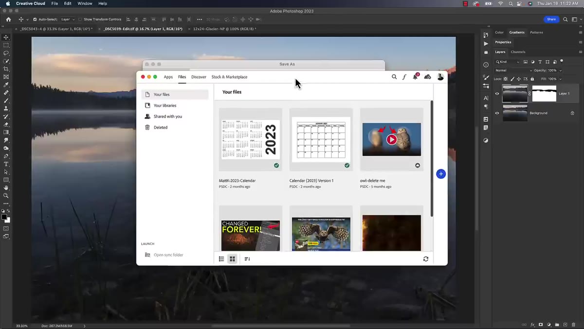 Creative Cloud app Files section showing previously cloud-saved files