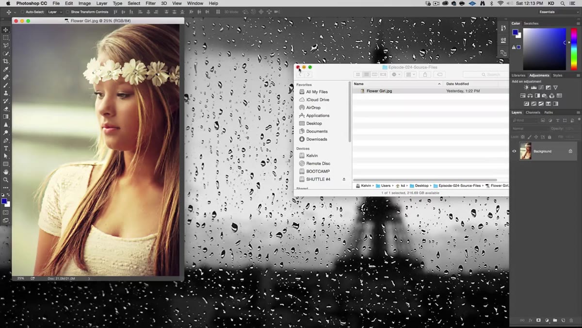 Photoshop open with flower girl photo in Essentials workspace