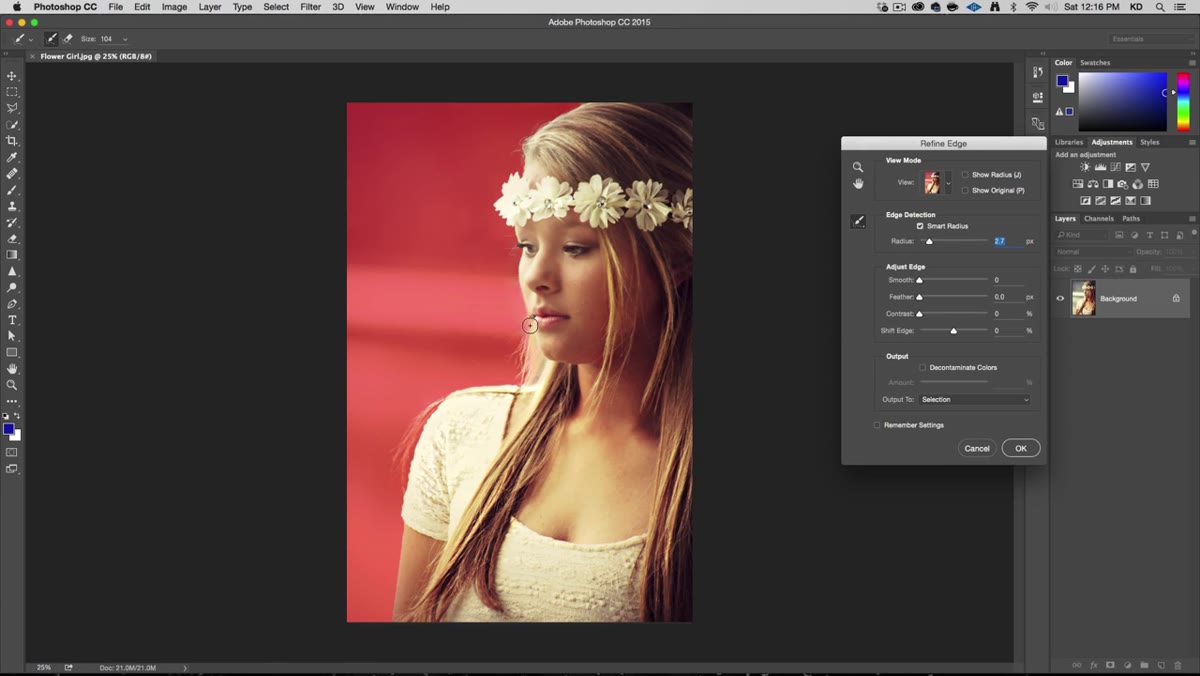 Adjustments panel showing Hue/Saturation layer being added