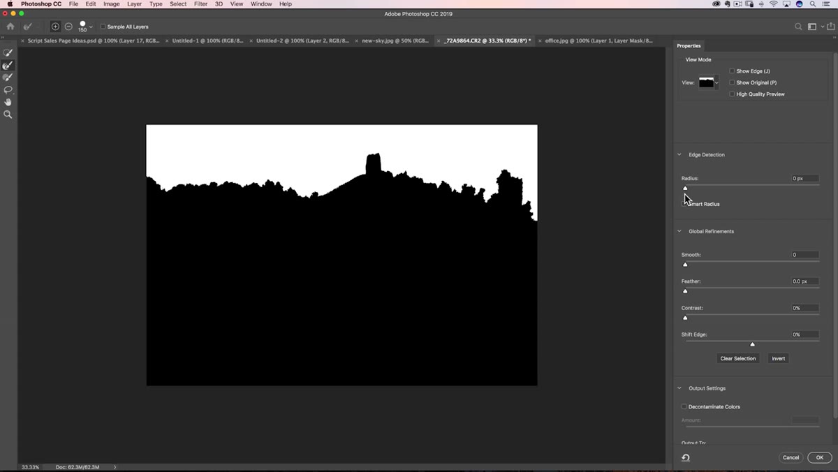 Select and Mask dialog open with Refine Edge Brush Tool active
