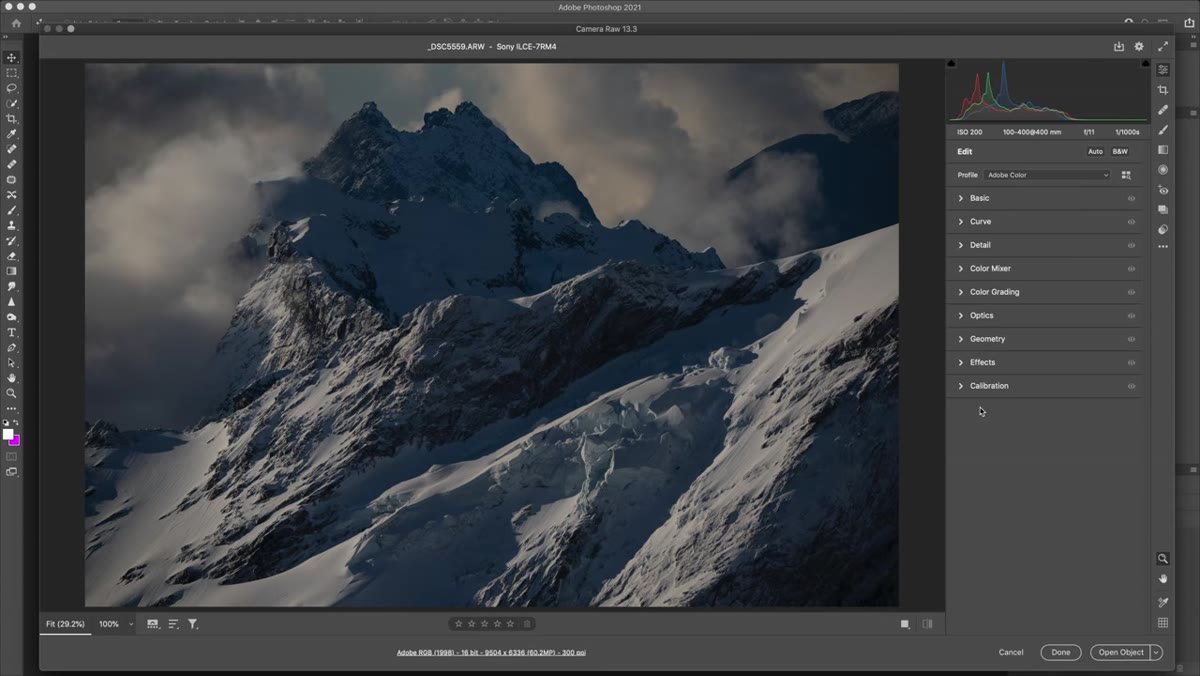 Raw mountain image open in Camera Raw, sliders untouched