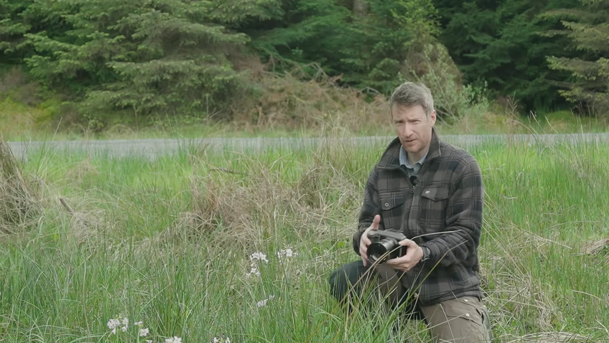 Camera in live view mode held low in the grass for composition