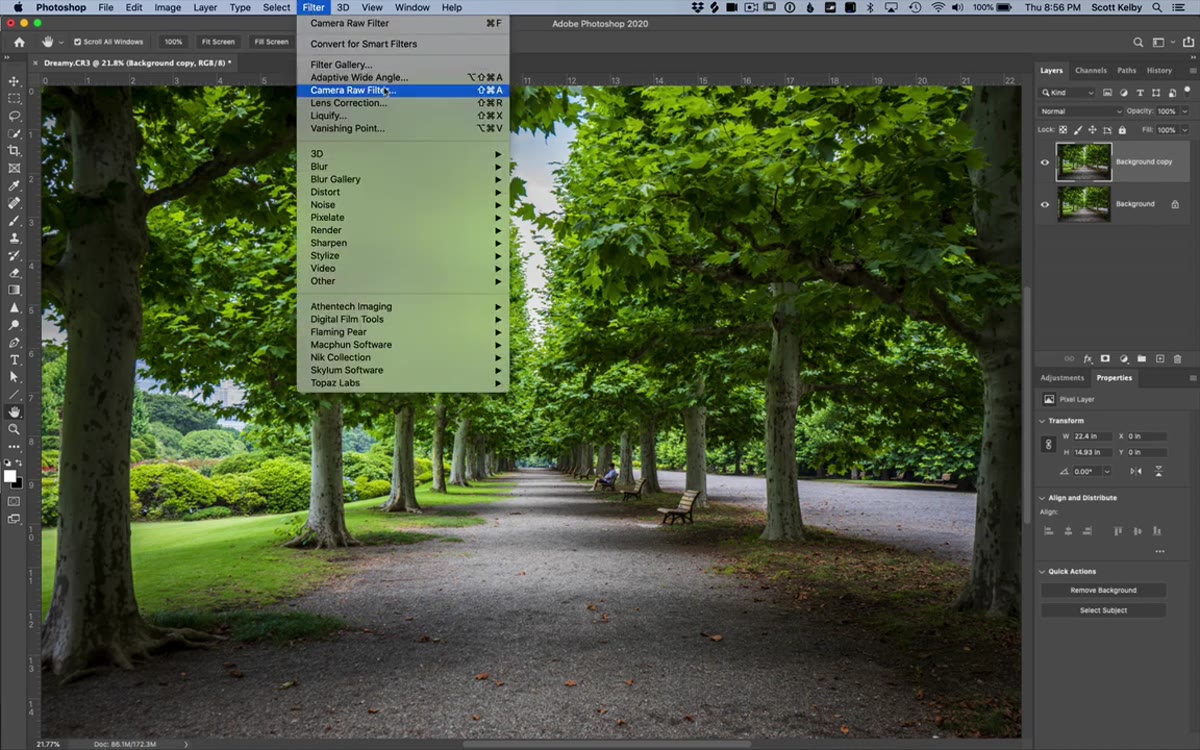 Filter menu open with Camera Raw Filter highlighted