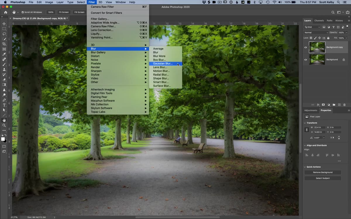 Gaussian Blur dialog box open with radius around 50 pixels