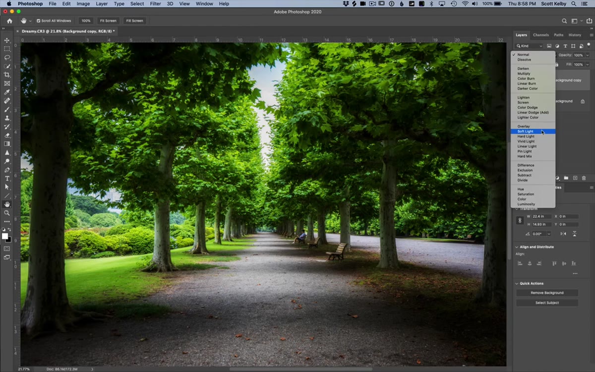 Blend mode dropdown in Layers panel set to Soft Light