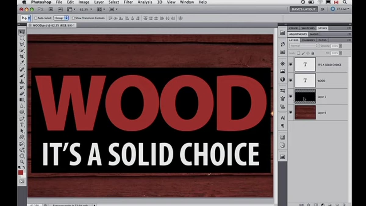 Multiple type layers in a Layers panel, one being activated by canvas click