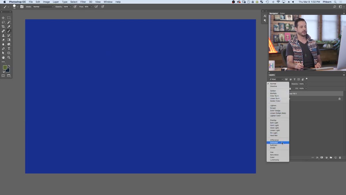 Blend mode dropdown open with Exclusion being selected