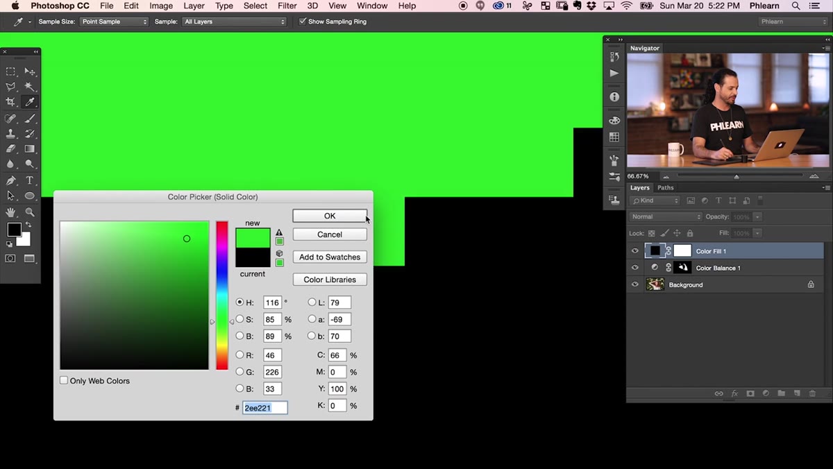 Solid Color picker dialog open over portrait image
