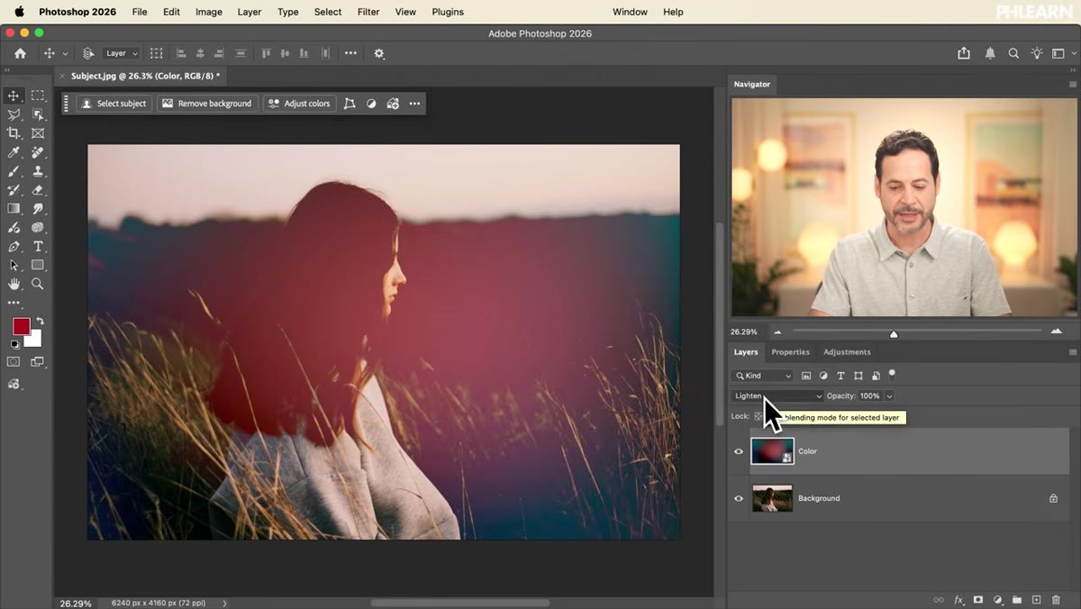 Blend mode dropdown open with Lighten selected