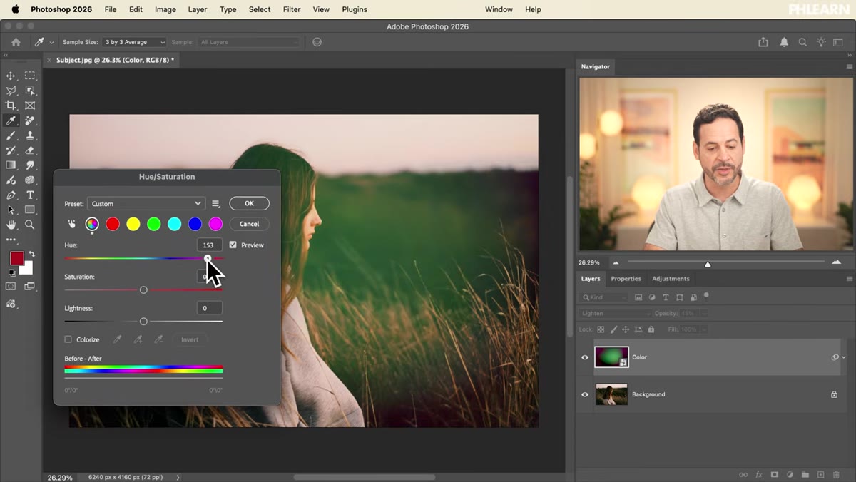Hue/Saturation dialog open with Hue slider being moved