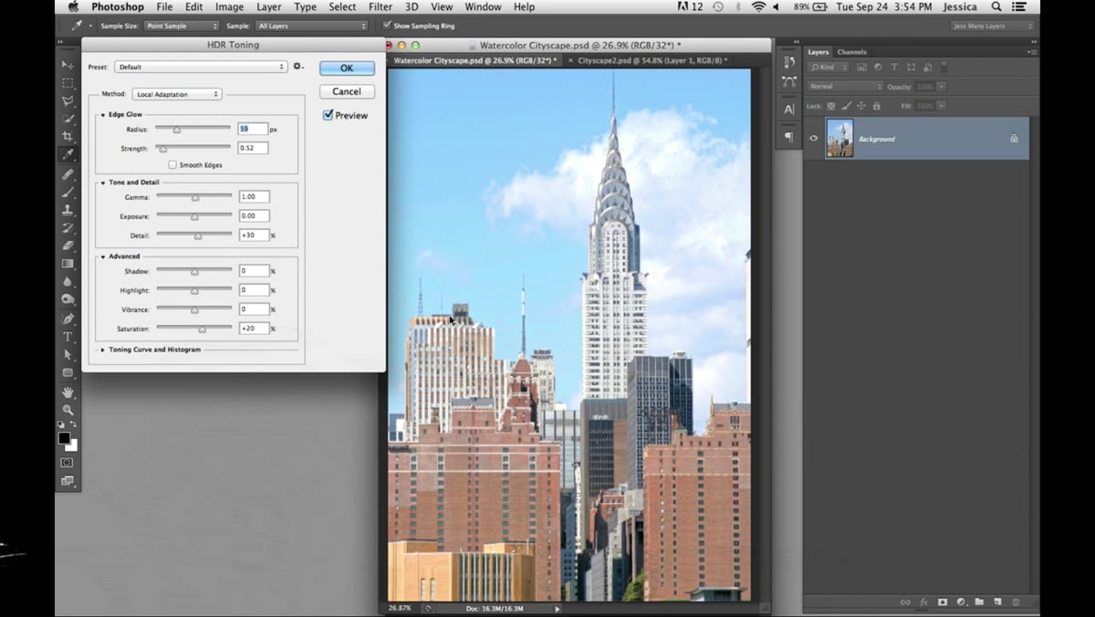 HDR Toning dialog open with saturated preset selected