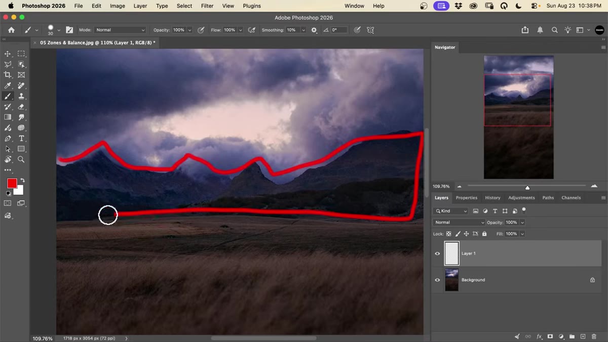 Landscape segmented into labeled zones: sky, mountains, foreground