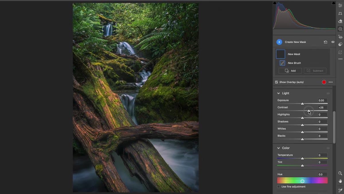 Adjustment brush painted over foreground rocks with contrast increased